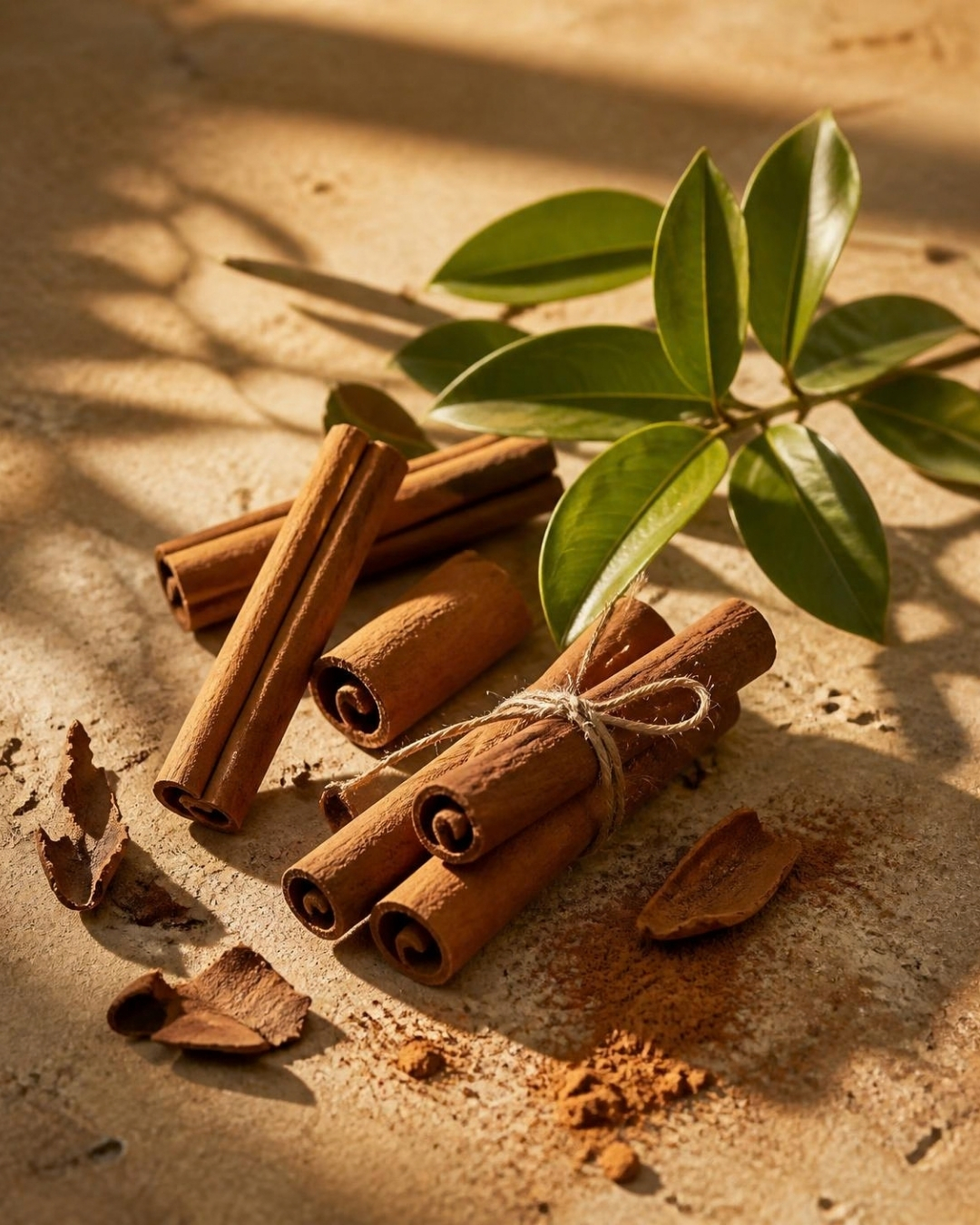 Cinnamon quills and leaves