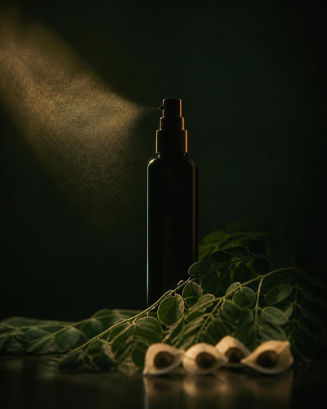 A slender mist bottle in shadow with moringa leaves